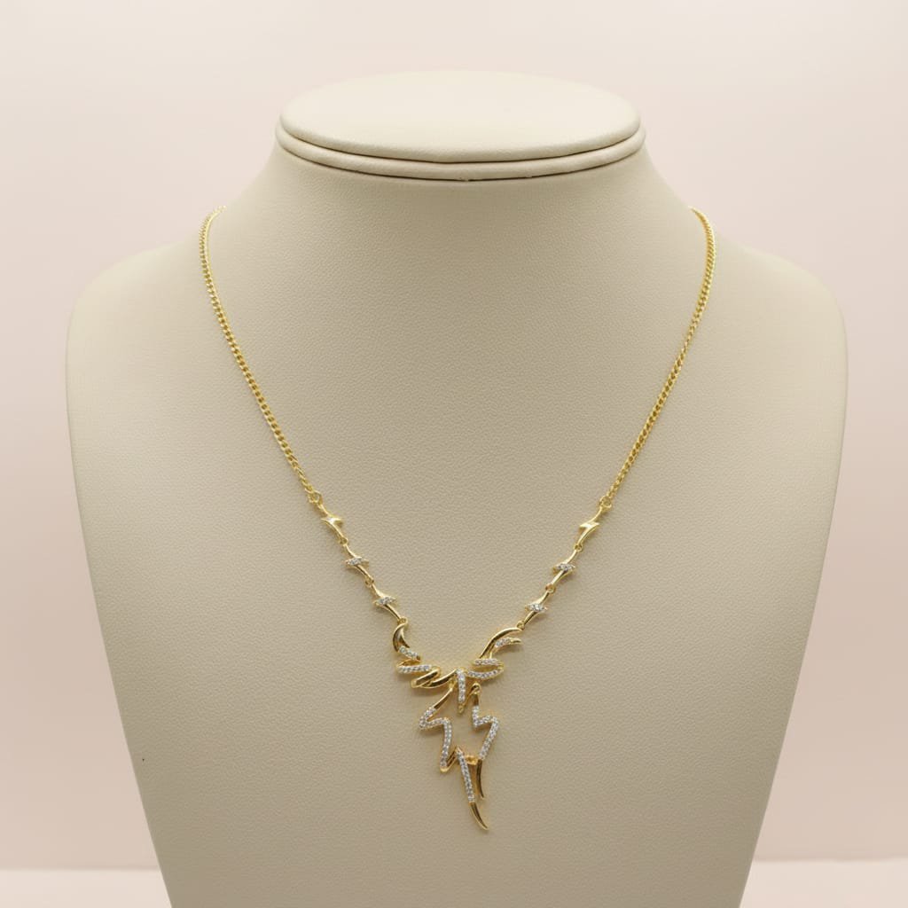 Gold Plated Abstract Zig-Zag Drop Necklace | Dainty Diamond Accent Statement Jewelry