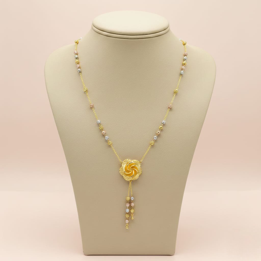 22K Tri-Color Gold Floral Filigree Necklace with Beaded Tassel Drop