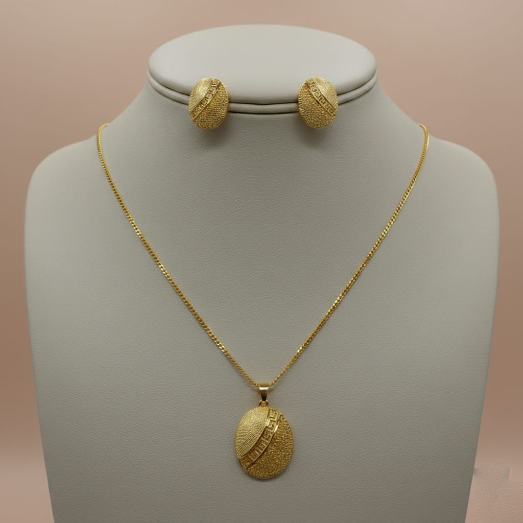 22K Gold Plated Greek Key Oval Pendant Necklace and Earring Set