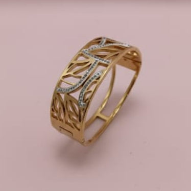 Vintage-Inspired Leaf Cutout Bangle with Pave Crystals - Statement Wristwear