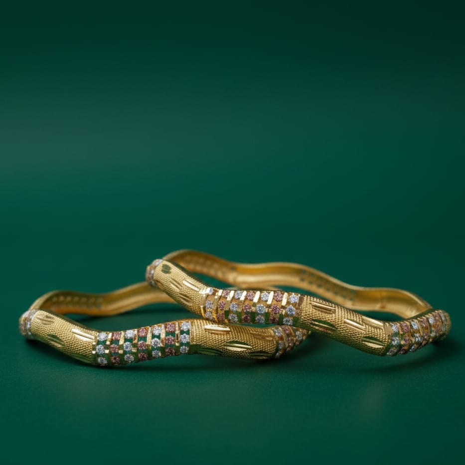 Wavy Two-Tone Gold Diamond-Cut Bangles